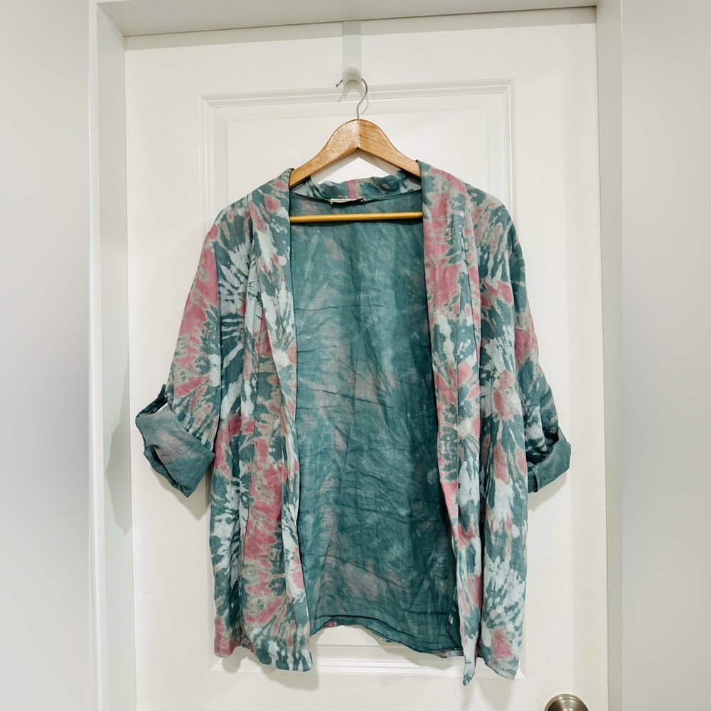 Bellambra 100% Linen Open Cardigan Multicolor Fabric Tie Dye Print Women’s M